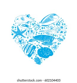Vector heart of sea and ocean inhabitants. 