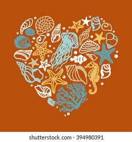 vector heart with sea shells. It can be used for wallpaper, fabric design, textile design, cover, wrapping paper, banner, card