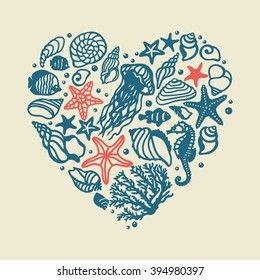 vector heart with sea shells. It can be used for wallpaper, fabric design, textile design, cover, wrapping paper, banner, card