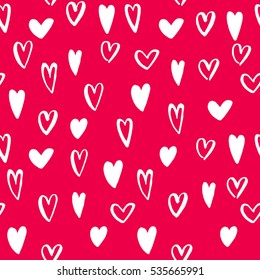 Vector heart seamless pattern. St Valentine red pink background of hearts hand drawn art icons. Design for Valentines day greeting love card. Vector sketch of marker felt-tip pen drawing