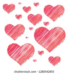 Vector heart set with scribbled hand drawn hearts in a red and pink color marker drawing style isolated on a white background