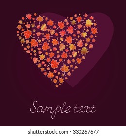 Vector heart shape from autumn leaves. In red, yellow and brown colors. Gradient used.