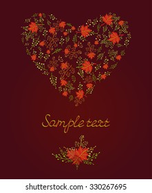 Vector heart shape from autumn leaves, branches and berries. In bright orange and green  colors. Gradient used.
