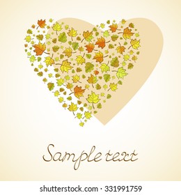 Vector heart shape from autumn leaves. In orange, yellow and green colors. Gradient used.