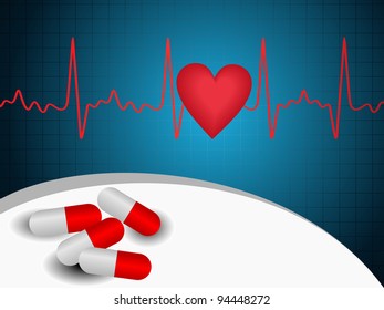 vector heart shape and heart beat abstract background wih red pills on blue background.