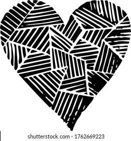 Vector heart shape. Black icon of hand made linocut stamp. Romantic vintage sigh of love