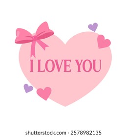 Vector heart shape with bow, flying heart and lettering I love you isolated on white background.