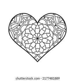 Vector heart shape coloring with mandala. Linear geometric and floral ornaments. Valentine's coloring page