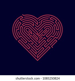 vector of heart shape combined with maze pattern, concept of complex love