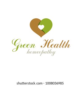 Vector heart shape composed with green leaves. Alternative medicine conceptual symbol can be used as phytotherapy logo in healthcare business.