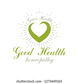 Vector heart shape composed with green leaves. Restoring to health conceptual logo for use in medical treatment organizations.
