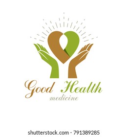 Vector heart shape composed with green leaves and caring hands. Medical rehabilitation abstract logo for use in charitable organizations.