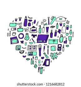 Vector heart shape composition of beauty items. Set of doodle style cosmetic tools. Makeup collection.  