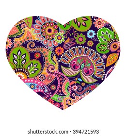 Vector heart shape design. Colorful Paisley ornament