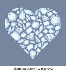Vector heart shape with diamonds and crystals pastel color background with bright gem for st valentines day