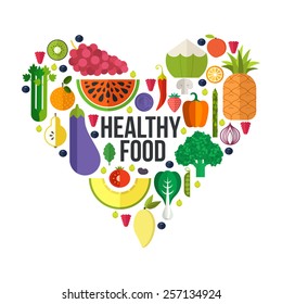 Vector heart shape filled with collection of fresh healthy fruits and vegetables. Healthy lifestyle or diet design element. 