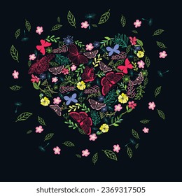 Vector heart shape with floral and butterflies elements. 