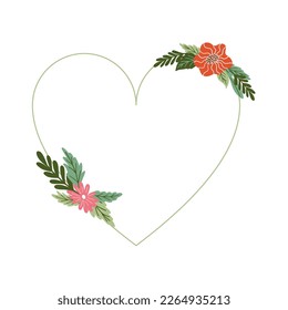 Vector heart shape floral frame and border. Elegant decorative elements with flowers, plants