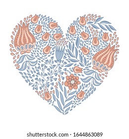 Vector Heart Shape  with Flowers and Leaves. Valentine's Day Greeting Card