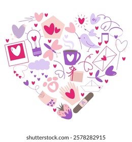 Vector heart shape form with Valentines day doodles inside, love season stickers, bird, flowers, balloons, cup, hands, cloud, lamp, tea bag, music note, strawberry, letter, asteroid, bengal light.
