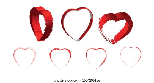 Vector Heart shape frame with brush painting isolated on white background. Valentines day elements. Hearts from different angles.