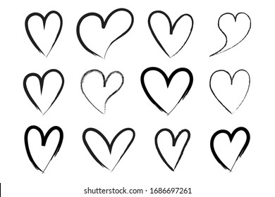 Vector Heart shape frame with brush. Heart hand drawn icons set isolated on white background. For poster, wallpaper and Valentine's day. Collection of hearts, vector illustration