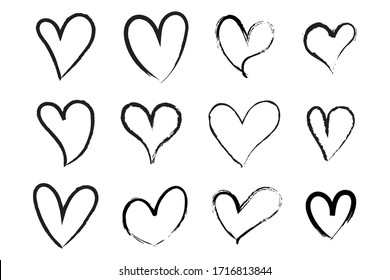 Vector Heart Shape Frame With Brush. Heart Hand Drawn Icons Set Isolated On White Background. For Poster, Wallpaper And Valentine's Day. Collection Of Hearts, Vector Illustration
