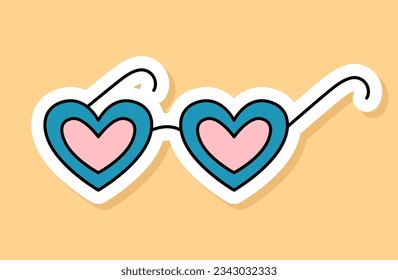 Forma de corazón vectorial Gafas pegatinas retro aisladas en fondo amarillo. Icono de dibujos animados estilo años 70