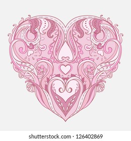 Vector Heart Shape greeting Valentine Card. Pink heart consist of Floral Ornate