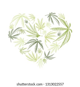 Vector heart shape of hemp plant and cannabis leaves for st. valentines day