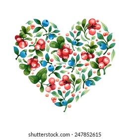 Vector heart shape with leaves and berries