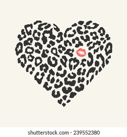 Vector heart shape - Leopard texture with kiss print 