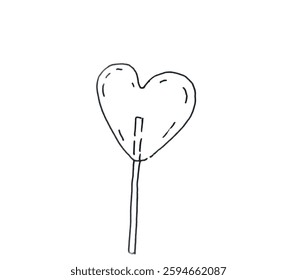 Vector heart shape lollipop candy. 
Isolated engraved style object. 
Linear drawing in black and white colors for icon.
