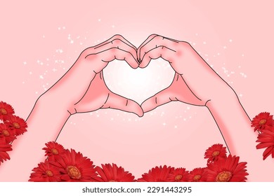 Vector de forma cardíaca hecho de manos y flores rojas, forma cardíaca, fondo de amor.