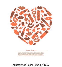 Vector heart shape made from lips and lipstick. Isolated illustration. Vector template
