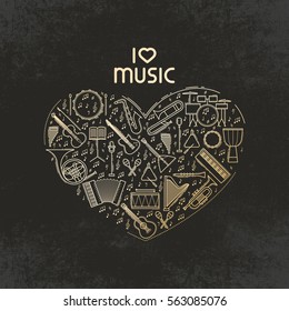 Vector heart shape with music instruments icon set. I love music - thin line illustration. Sound silhouette isolated. Outline pictogram sign. Guitar harp violin bass drum piano saxophone note elements