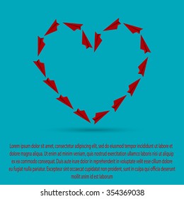 Vector heart shape with red paper airplanes. Origami paper planes. Valentine day heart element, banner, card, background. Frame love symbol. Valentines gift. Love wings plane for your wedding.