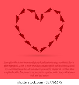 Vector heart shape with red paper airplanes. Origami paper planes. Valentine day heart element, banner, card, background. Frame love symbol. Valentines gift. Love wings plane for your wedding.