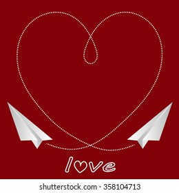 Vector heart shape with white paper airplanes. Origami paper planes. Valentine day heart element, banner, card, background. Frame love symbol. Dotted line frame. Love wings plane for your wedding.