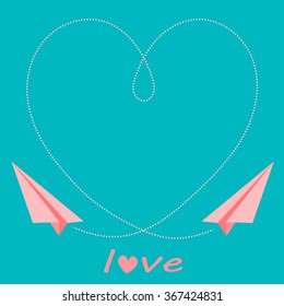 Vector heart shape with white paper airplanes. Origami paper planes. Valentine day heart element, banner, card, background. Frame love symbol. Dotted line frame. Love wings plane for your wedding.