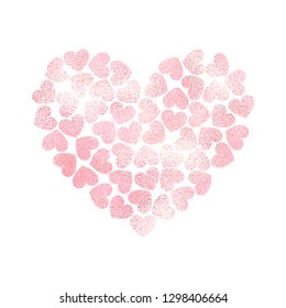 Vector heart shaped background with rose gold foil confetti hearts isolated on white. Modern element for wedding, celebration, party, anniversary, birthday, Valentine's Day designs.