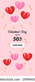 Vector heart shaped balloons on pink background. Festive decoration element for Valentine's Day discount promotion banner. Vector illustration