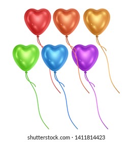 Vector heart shaped balloons set isolated on white background. bright colorful balloons on white background. Festive decoration element for Valentine's Day or Wedding. Vector illustration