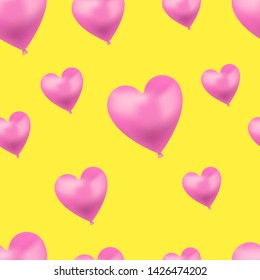 Vector Heart Shaped Bright Pink Balloons on Yellow Background, Seamless Pattern Template, Colorful Backdrop.