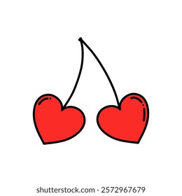 Vector heart shaped cherry. Hand drawn cherry berries isolated on white background in Y2k style. Coquette and glamorous red doodle