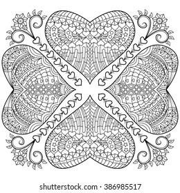 Vector heart shaped coloring page four heart set artistic ethnic ornamental