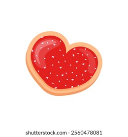 Vector heart shaped cookies with red icing and sprinkles. Valentine's Day Element. Stock isolated clipart on a white background. For flyer, sticker, card, logo, symbol.