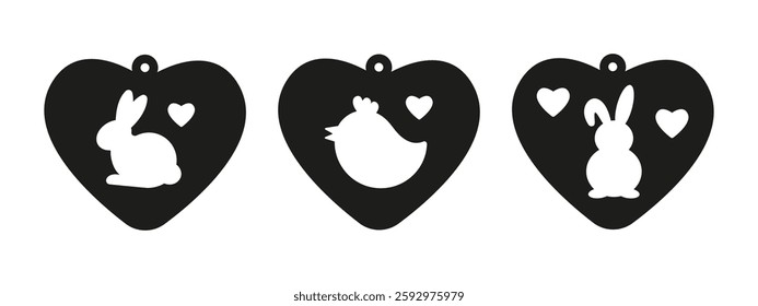 Vector heart shaped designs with bunny and chick for earrings, pendant or keychain. Jewelry cutting template. Laser cut with leather, wood or metal. Cute stencils with animals and hearts