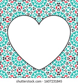 Vector heart shaped frame of asian mosaic border. Oriental ornamental mosaic. Arabic design for page decoration.