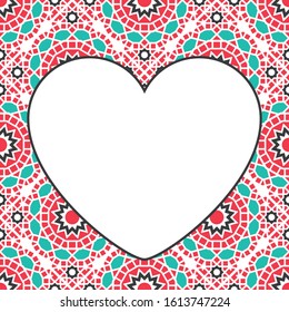 Vector heart shaped frame of asian mosaic border. Oriental ornamental mosaic. Arabic design for page decoration.